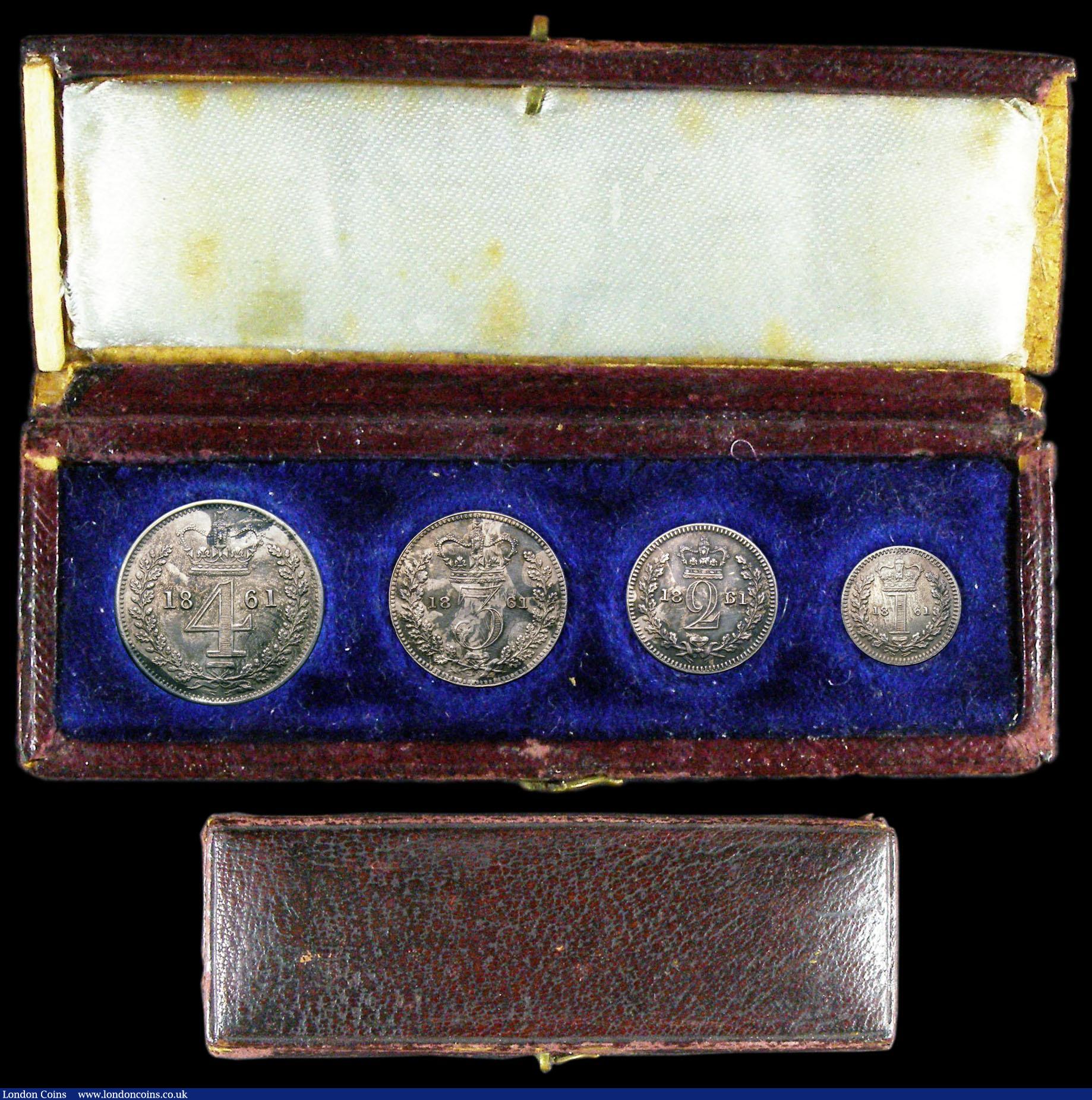 London Coins : A159 : Lot 907 : Maundy Set 1861 ESC 2472 EF with uneven tone, Twopence with 6 over 1, in contemporary case, this wit...