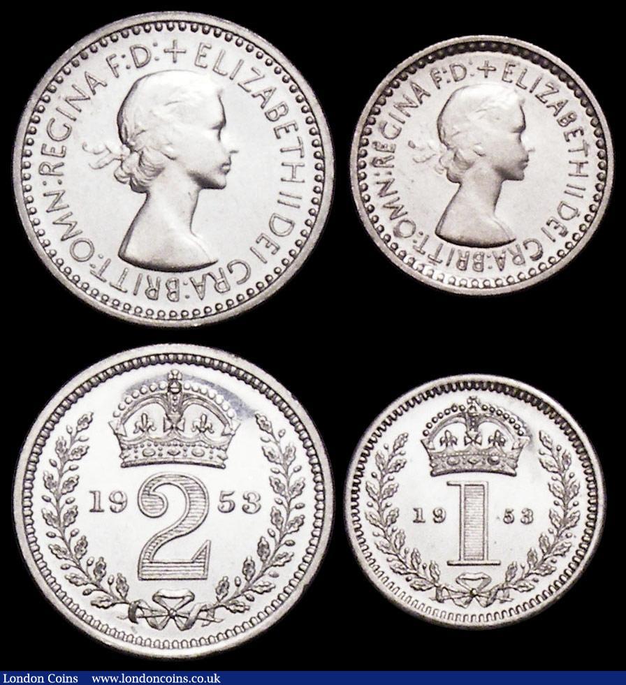 London Coins : A159 : Lot 923 : Maundy Set 1953 ESC 2570 UNC and lustrous with light contact marks, the Threepence and Penny with sm...