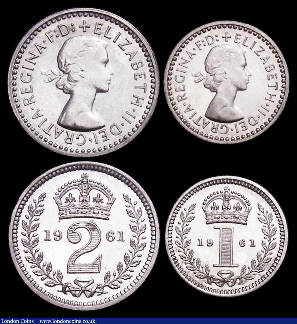 London Coins : A159 : Lot 930 : Maundy Set 1961 ESC 2578 UNC and lustrous, the Twopence with some small rim nicks, the Penny with sm...