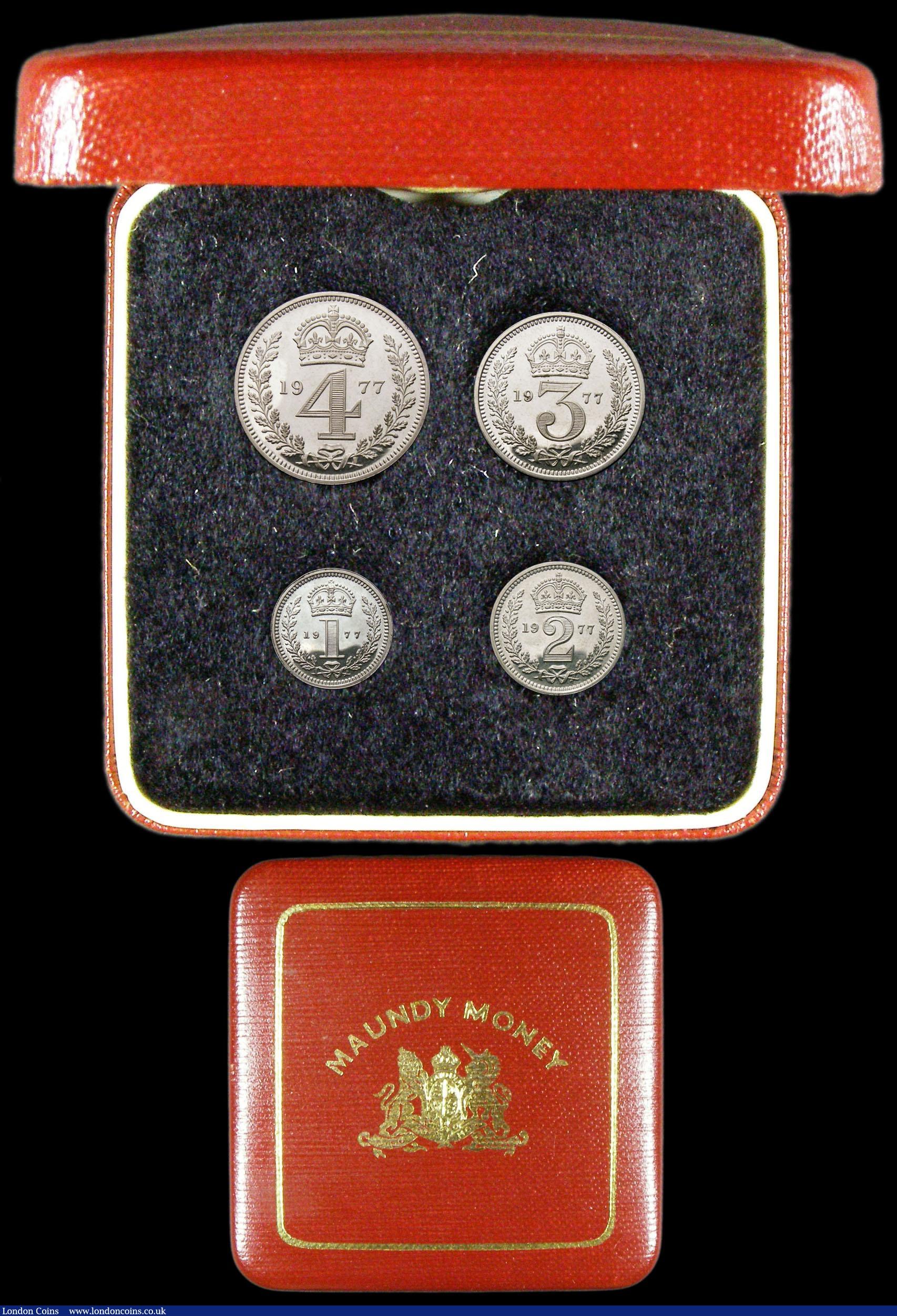 London Coins : A159 : Lot 947 : Maundy Set 1977 ESC 2594 UNC and lustrous with some small spots, in a square red Maundy Money case