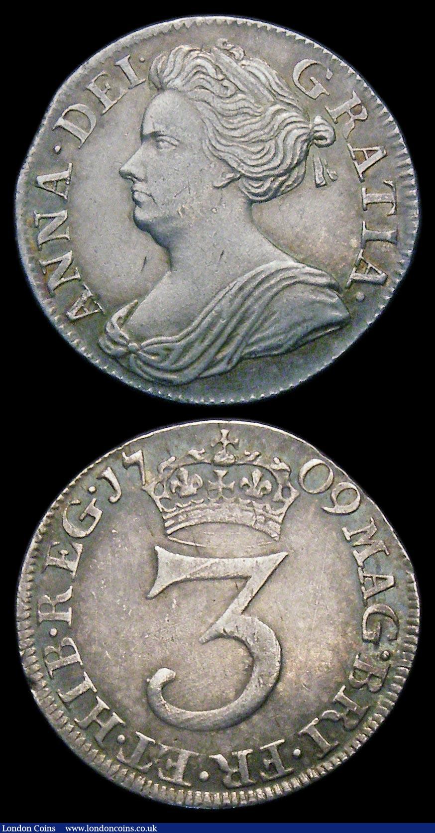 London Coins : A159 : Lot 992 : Maundy Threepences (2) 1708 ESC 2011 NEF, 1709 ESC 2012 GVF with a slight flattening and small to th...