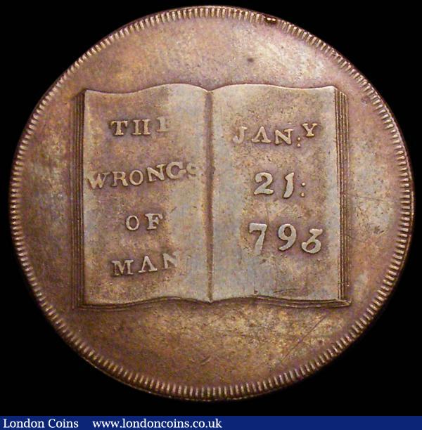 Halfpenny 18th Century Middlesex 1793 Spence's DH833 Obverse Hanging Man, Reverse: Book reading 'The Wrongs of Man Jan 21 1793, milled edge Good Fine, Rare, we note a VF example in our Auction A141 in VF grade realised £421 inclusive of buyer's premium : Tokens : Auction 160 : Lot 1702