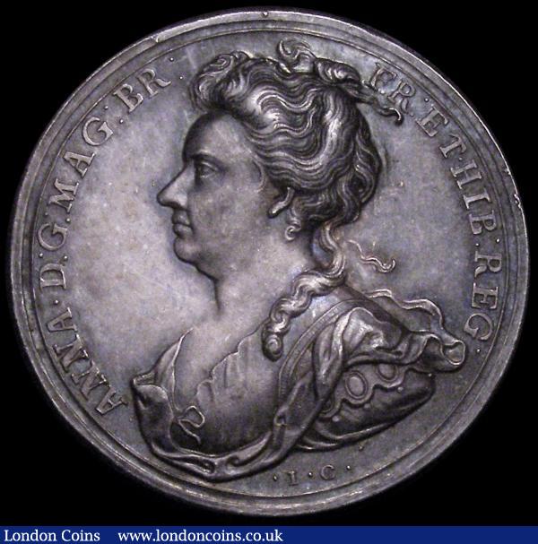 Union of England and Scotland 1707 34mm diameter in silver by J.Croker/S.Bull, Obverse Bust Left draped ANNA.D:G:MAG:BR:FR:ET.HIB:REG. Reverse Arms of Britain on escutcheon, supported on a platform inscribed , SEMPER EADEM, decorated with a rose and thistle, twin infant genii support a crown above the arms, and collar and George of the Garter, below EF : Tokens : Auction 160 : Lot 1746