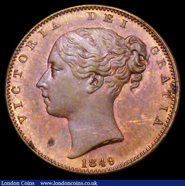 Farthing 1849 as Peck 1570 4 over lower 4, 1 over higher 1, GEF/UNC with traces of lustre, the obverse with a dark spot in the field, very rare in this high grade : English Coins : Auction 160 : Lot 2077