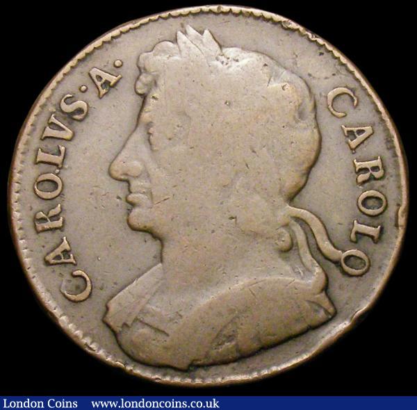 Halfpenny 1673 reads CARO.LVS as Peck 510 VG/Fine with a few edge nicks : English Coins : Auction 160 : Lot 2268
