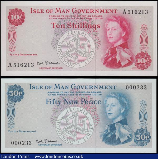 Isle of Man (2), 50 Pence issued 1969 very low serial number 000233 and 10 Shillings issued 1961 split prefix high serial number A516213, both with Queen Elizabeth II Annigoni portrait to right and signed Stallard, the first Uncirculated the second about Uncirculated : World Banknotes : Auction 160 : Lot 400