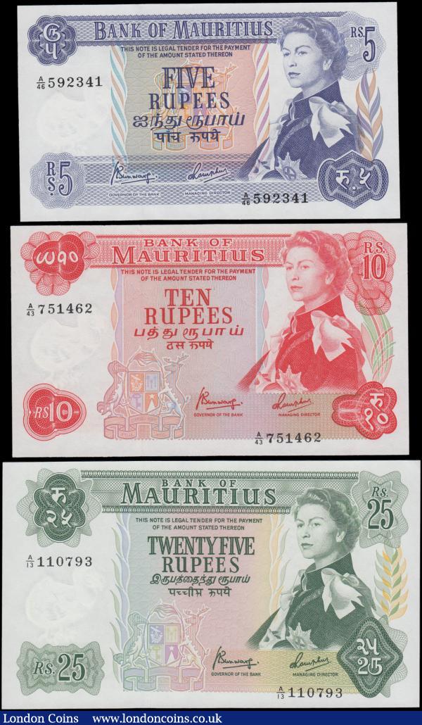 Mauritius (3), 25 rupees series A/13 110793, (pick32b), light dent in paper otherwise UNC, 10 Rupees series A/43 751462, (Pick31c), UNC and 5 Rupees series A/46 592341, (Pick30c), about UNC, issued 1967 signature 4, portrait Queen Elizabeth II at right : World Banknotes : Auction 160 : Lot 467