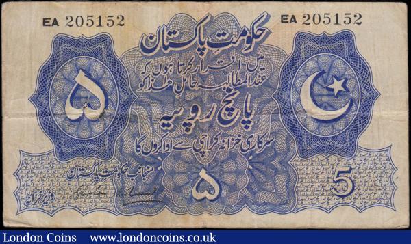 Pakistan Government 5 Rupees issued 1948 double letter prefix EA205152, Pick5, crescent moon & star at right, small holes & tiny edge tear, about Fine : World Banknotes : Auction 160 : Lot 487