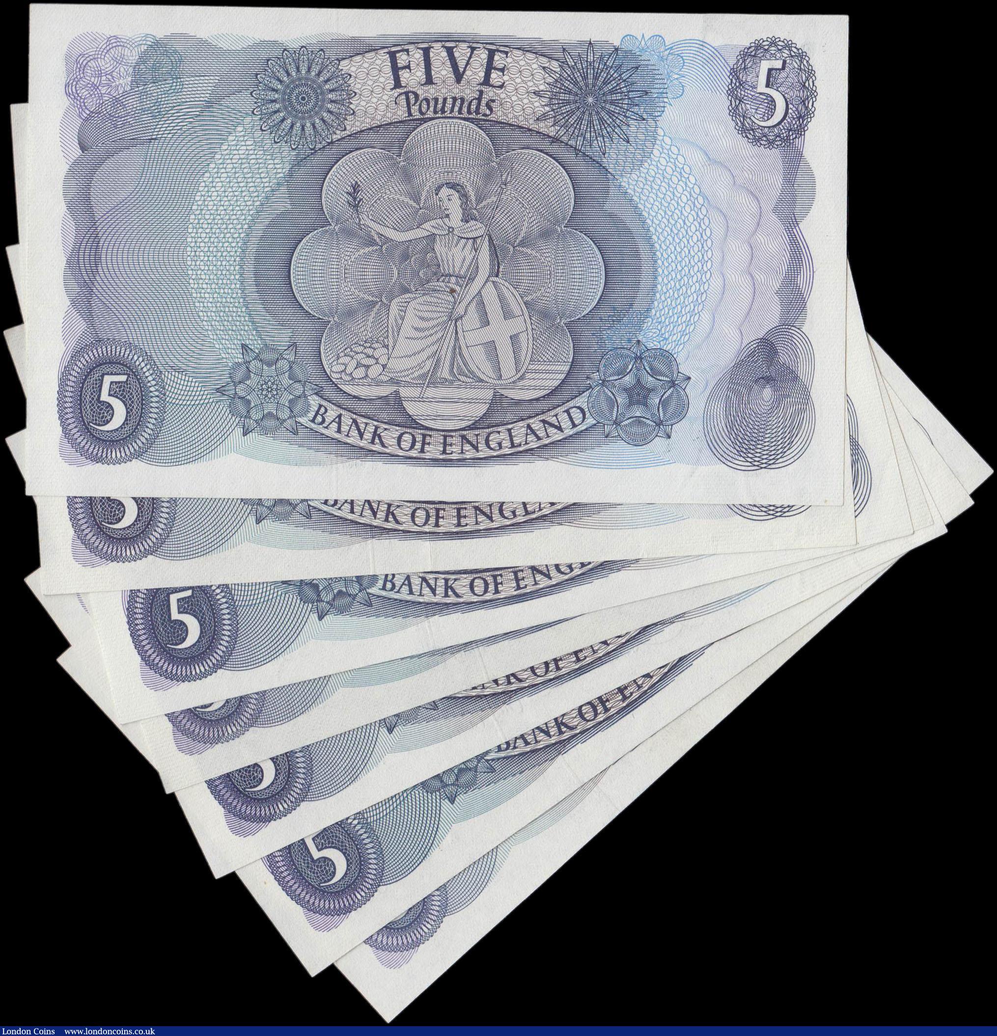 London Coins : A160 : Lot 103 : Five Pounds (7), Hollom (3) B297 issued 1963 prefixes A12 (first series), E28 & K16, Fforde (3) ...