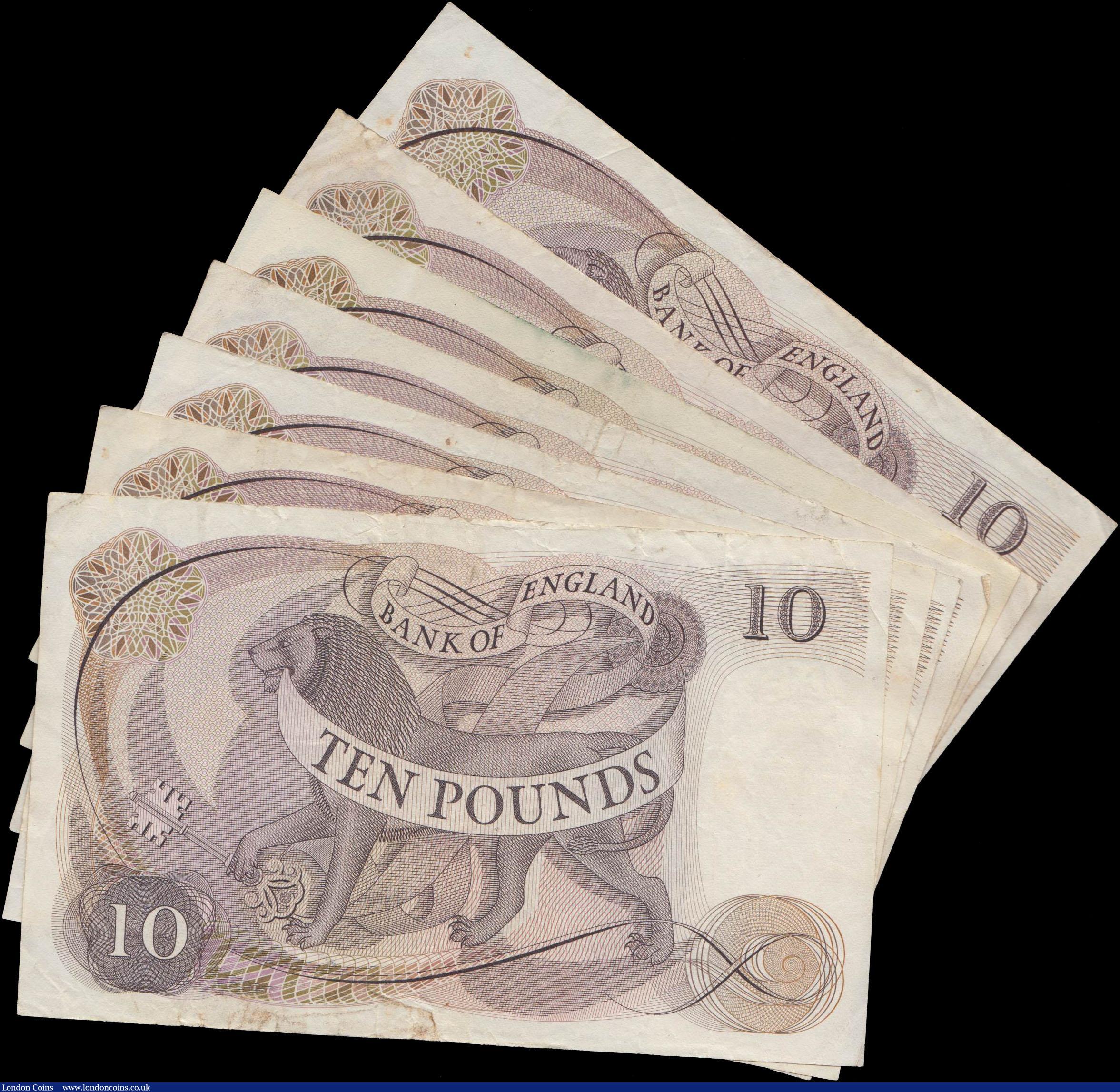 London Coins : A160 : Lot 110 : Ten Pounds Page (7), B326 issued 1971 portrait series, (Pick376c), one with a small tear, most Fine ...