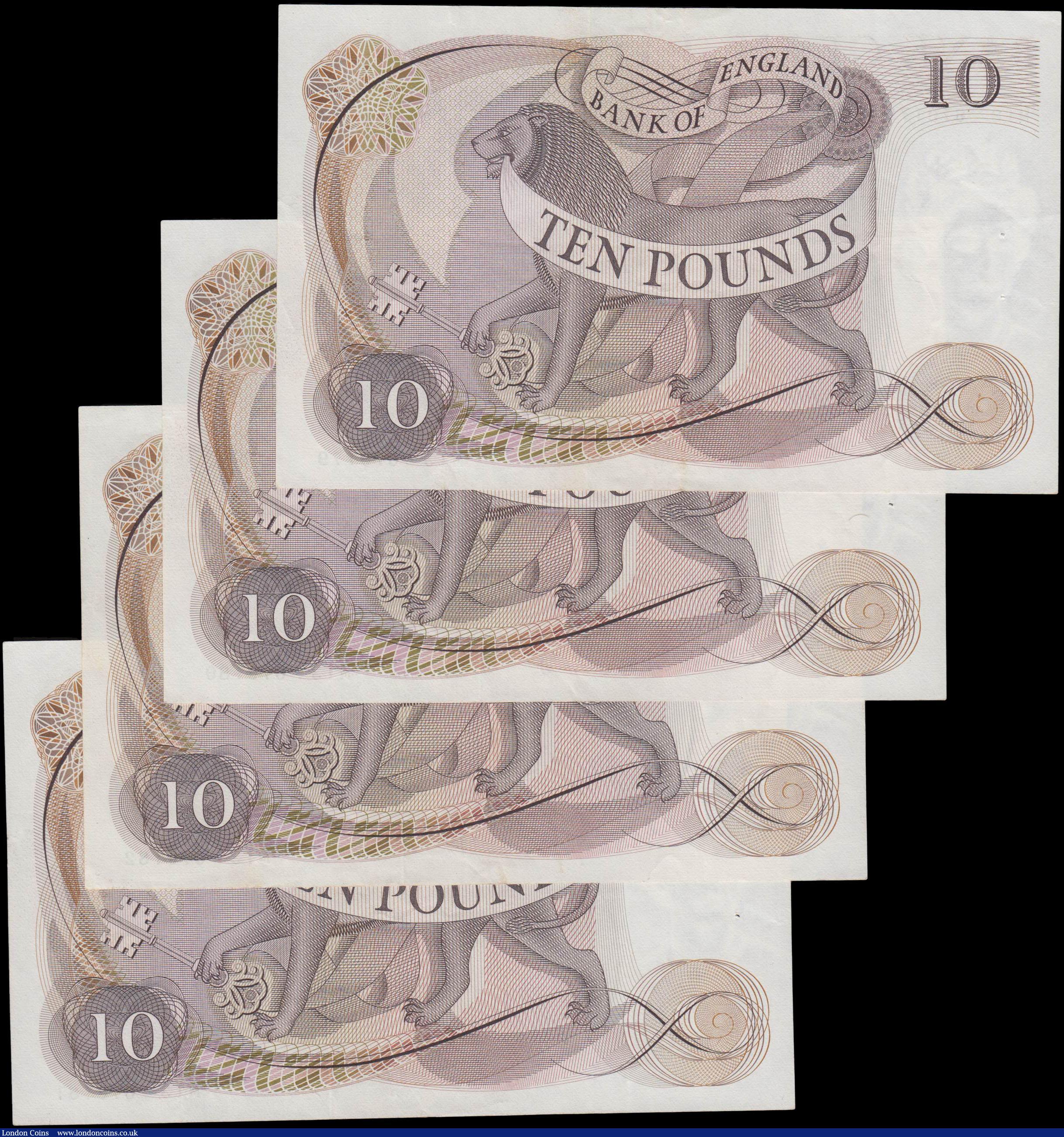 London Coins : A160 : Lot 112 : Ten Pounds Page B327 (4) issued 1971, a consecutively numbered run of Replacement notes series M13 6...