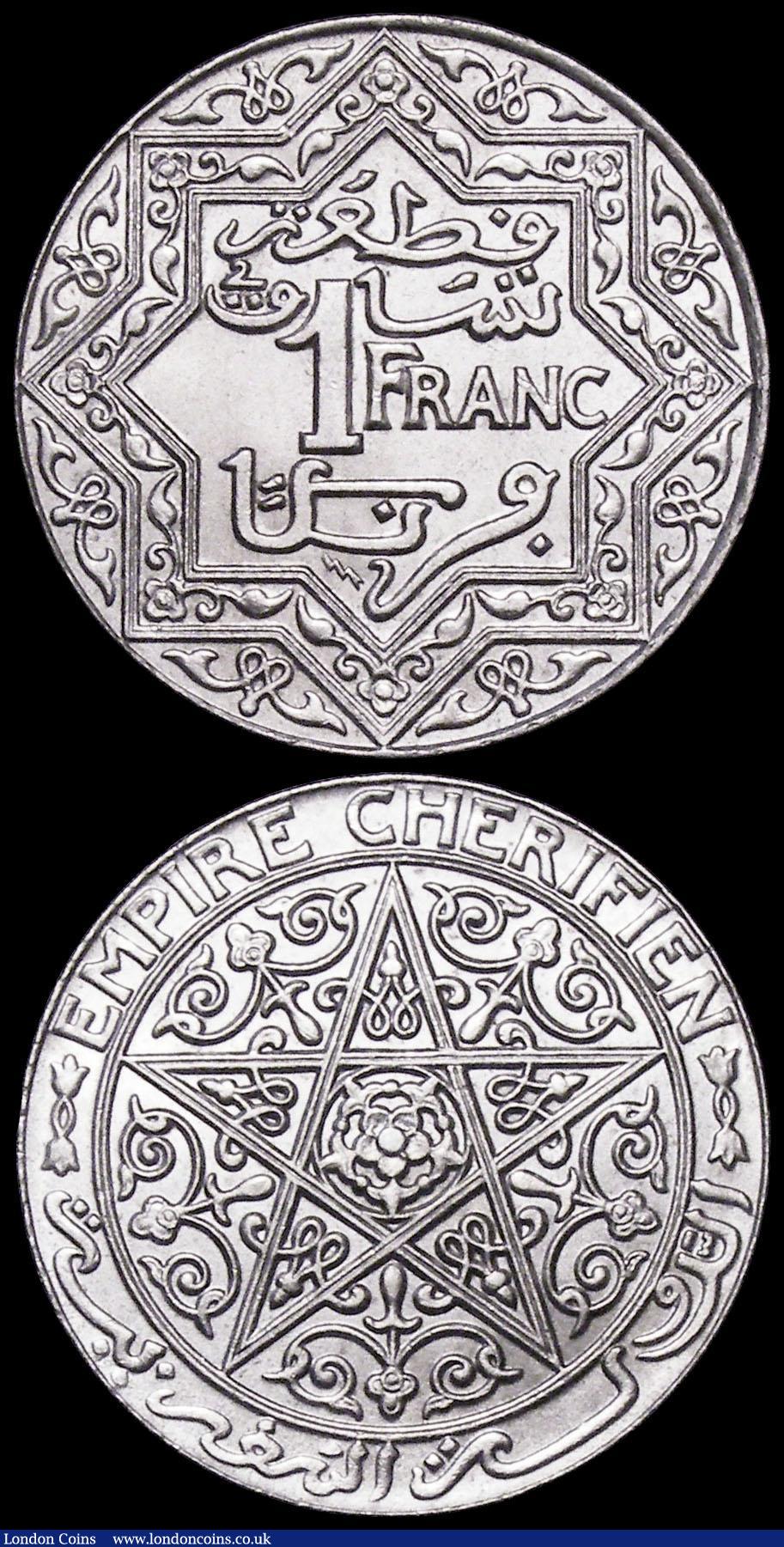 London Coins : A160 : Lot 1187 : Morocco 1 Franc (2) 1921 Pa Y#36.1 Lustrous UNC, 1924 Py Y#36.2 Thunderbolt below 1 Lustrous UNC