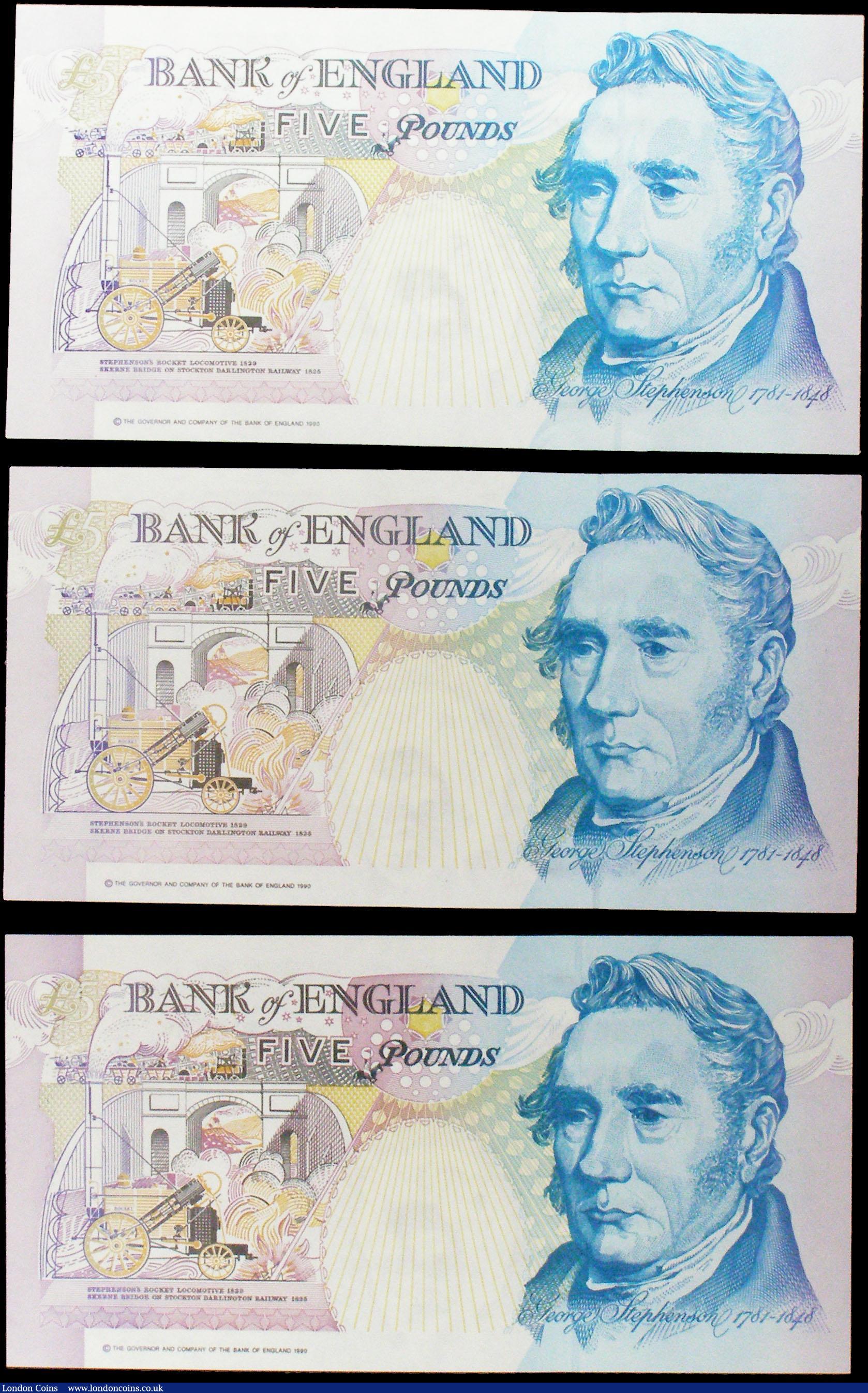 London Coins : A160 : Lot 129 : Five Pounds B362 Kentfield (3) issued 1991, FIRST RUN series R01 393194, LAST RUN series W18 999789 ...