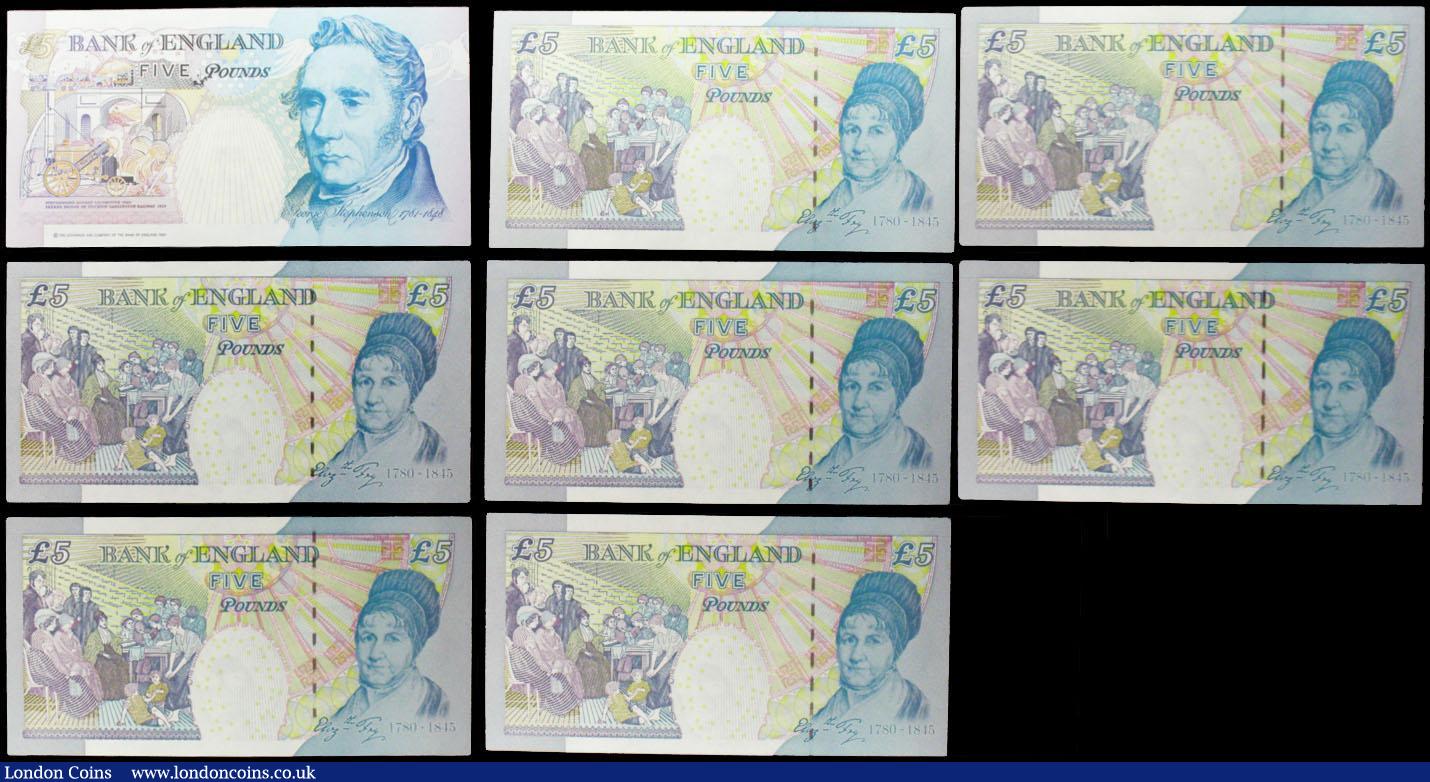 London Coins : A160 : Lot 136 : Five Pounds B380 & B393 & B395 Lowther (8), FIRST RUN (5) with low serial numbers, prefixes ...
