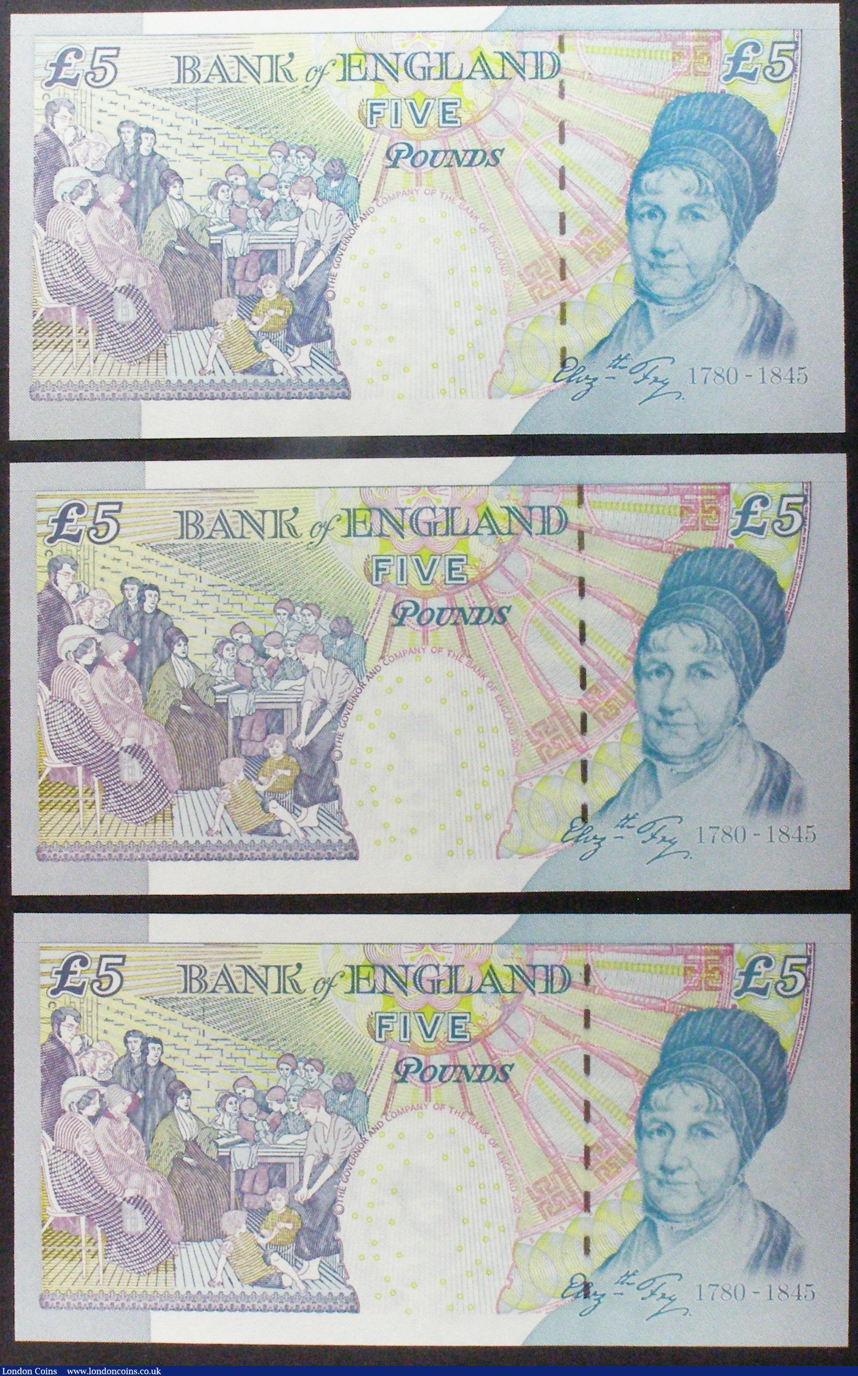 London Coins : A160 : Lot 142 : Five Pounds B398cs Bailey (3) issued 2004 LAST RUN Column Sort note EL45 789283 and a pair of consec...