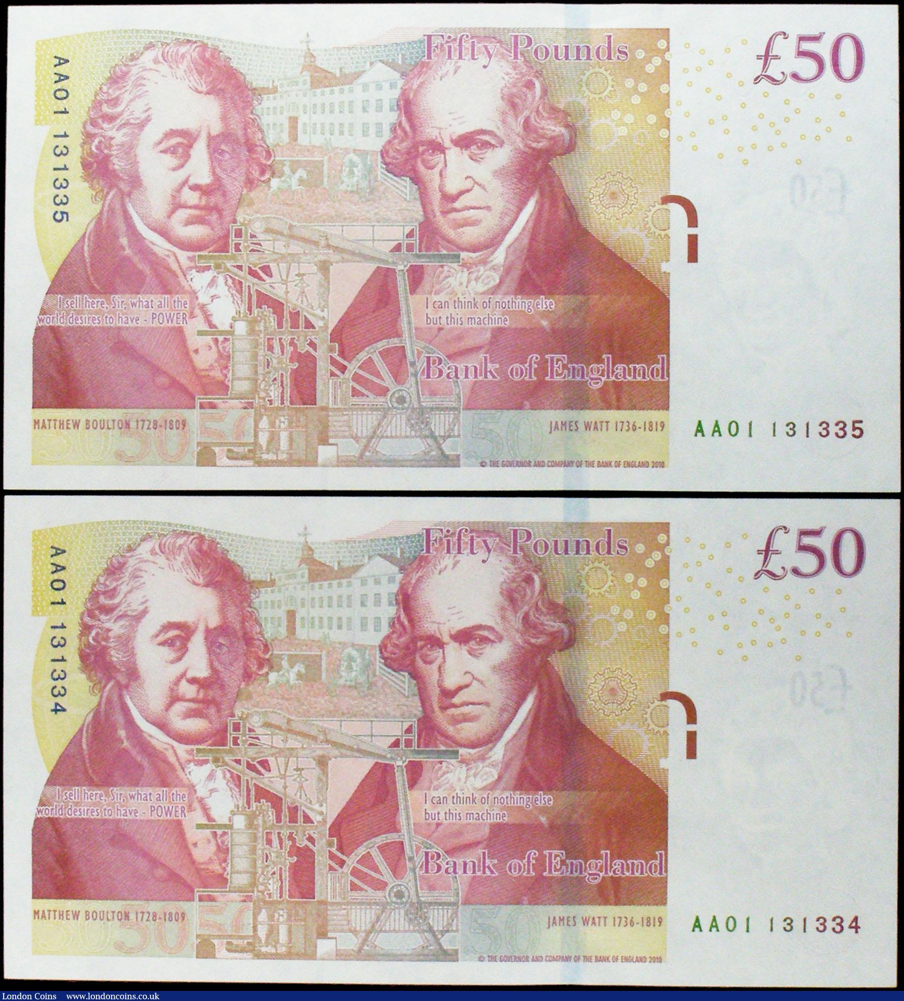 London Coins : A160 : Lot 143 : Fifty Pounds Salmon B410 (2) issued 2011 a pair of consecutively numbered first series notes, AA01 1...
