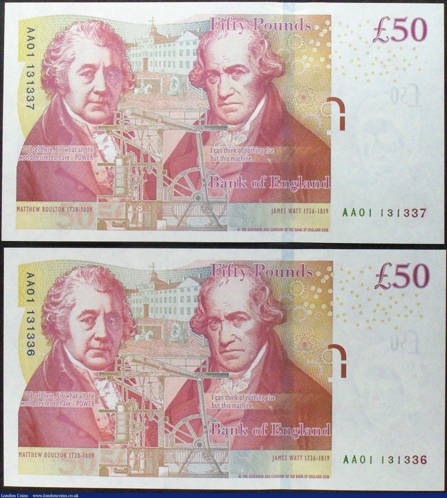 London Coins : A160 : Lot 144 : Fifty Pounds Salmon B410 (2) issued 2011 a pair of consecutively numbered first series notes, AA01 1...