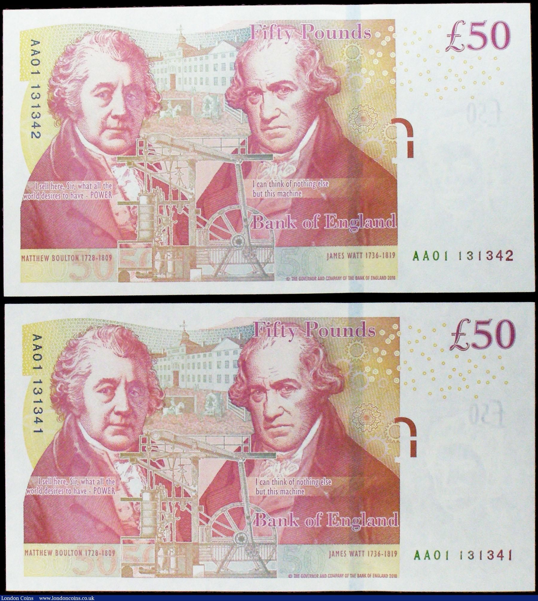 London Coins : A160 : Lot 145 : Fifty Pounds Salmon B410 (2) issued 2011 a pair of consecutively numbered first series notes, AA01 1...