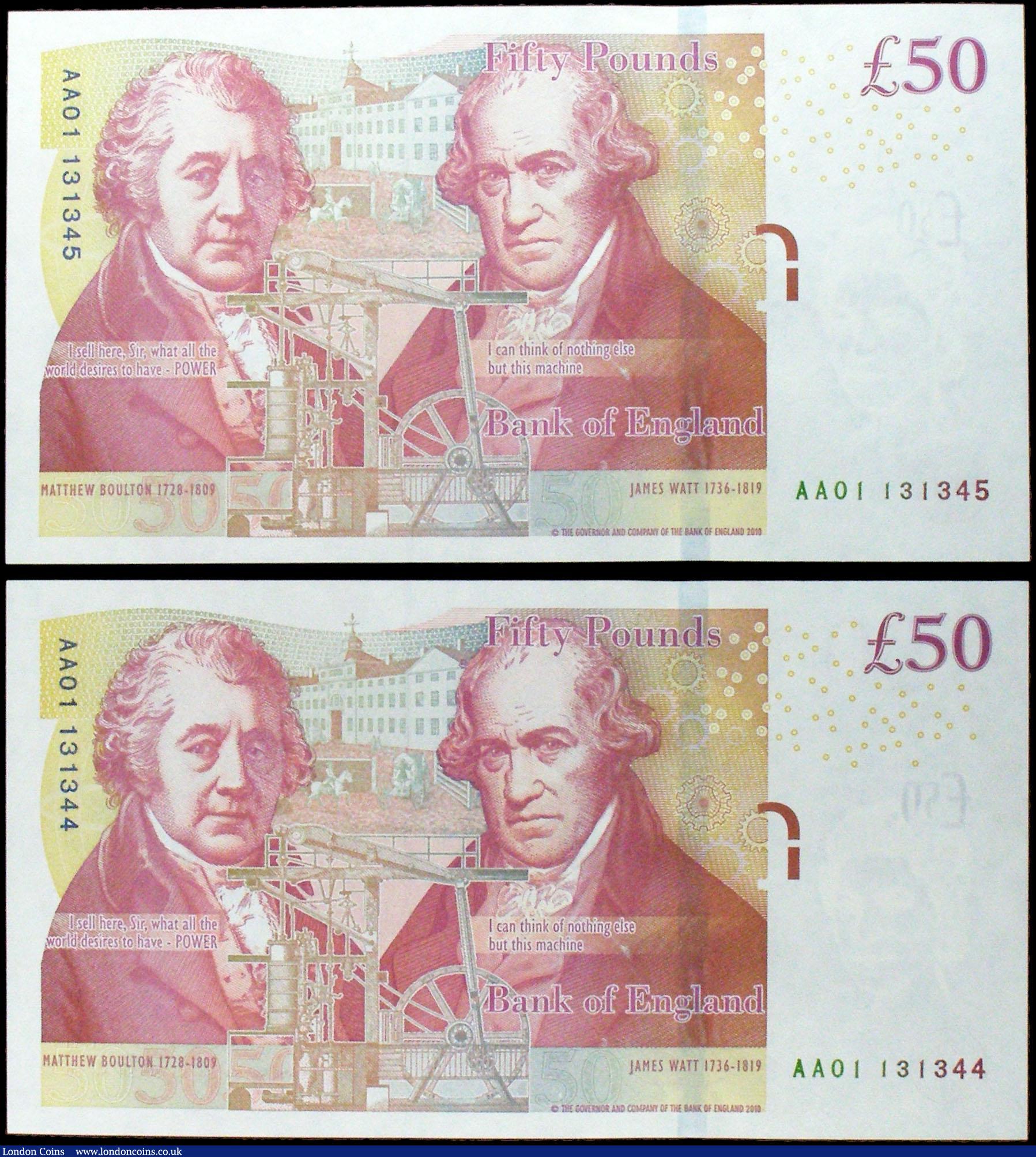 London Coins : A160 : Lot 146 : Fifty Pounds Salmon B410 (2) issued 2011 a pair of consecutively numbered first series notes, AA01 1...
