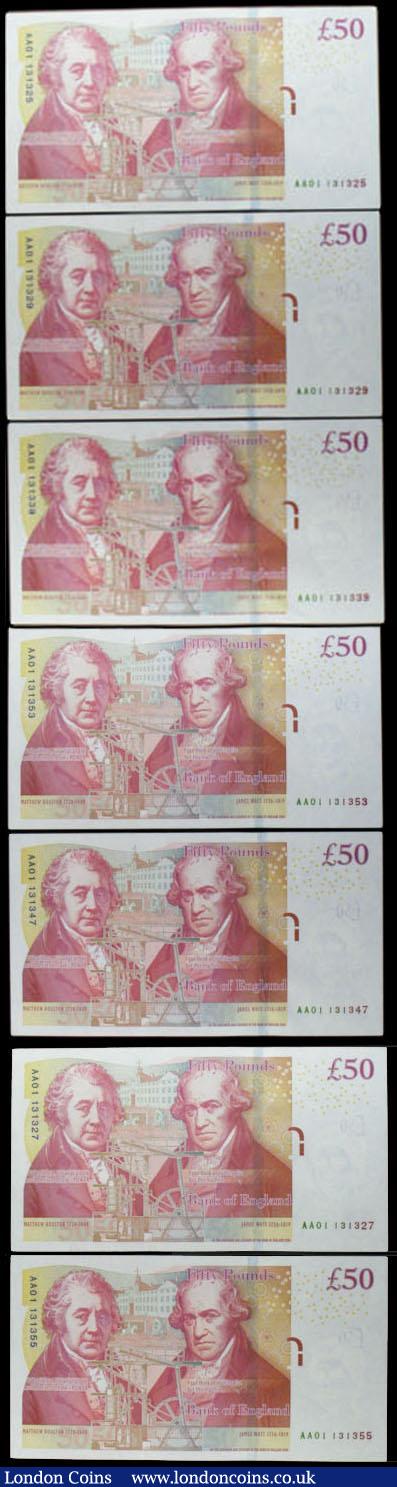 London Coins : A160 : Lot 147 : Fifty Pounds Salmon B410 (7) issued 2011 a collection of first run notes, AA01 prefix, Matthew Bolto...