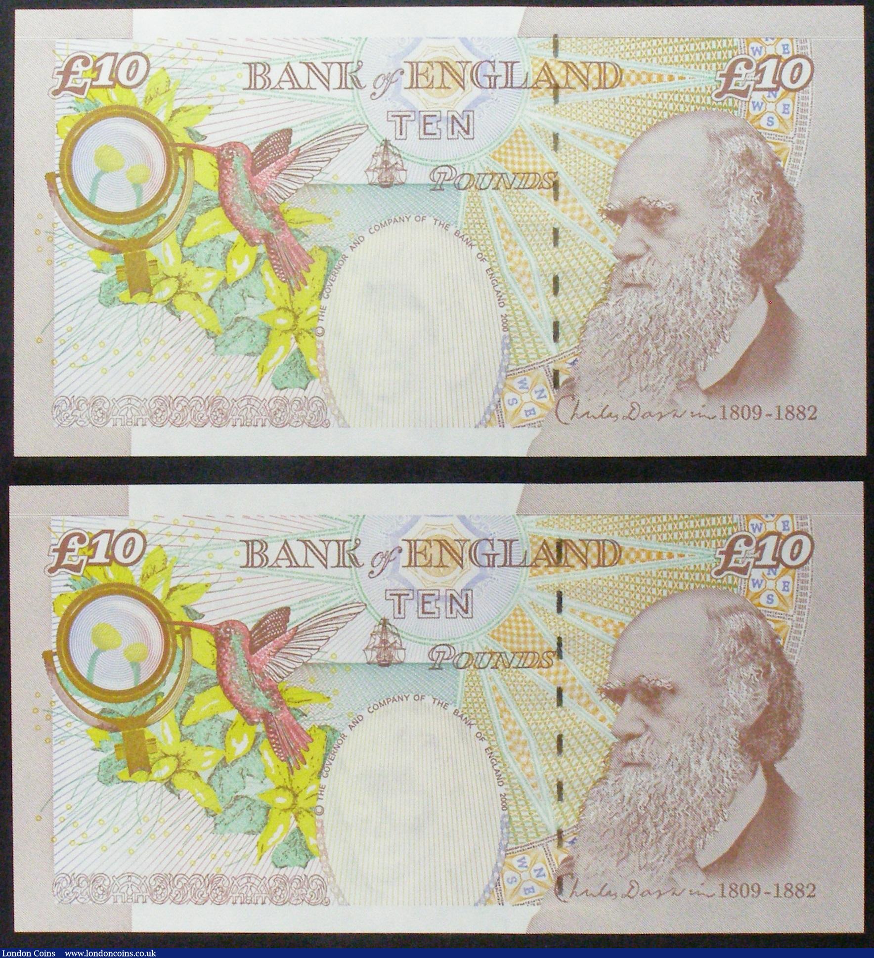 London Coins : A160 : Lot 162 : ERROR Ten Pounds (2) Cleland B411 issued 2015, a consecutive numbered pair MB77 228584 & MB77 22...