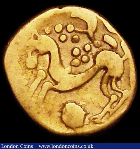 London Coins : A160 : Lot 1895 : Celtic Au Quarter Stater Ambiani Gallo-Belgic A c.150-50BC, devolved Apollo hd. l., Rev horse and ri...