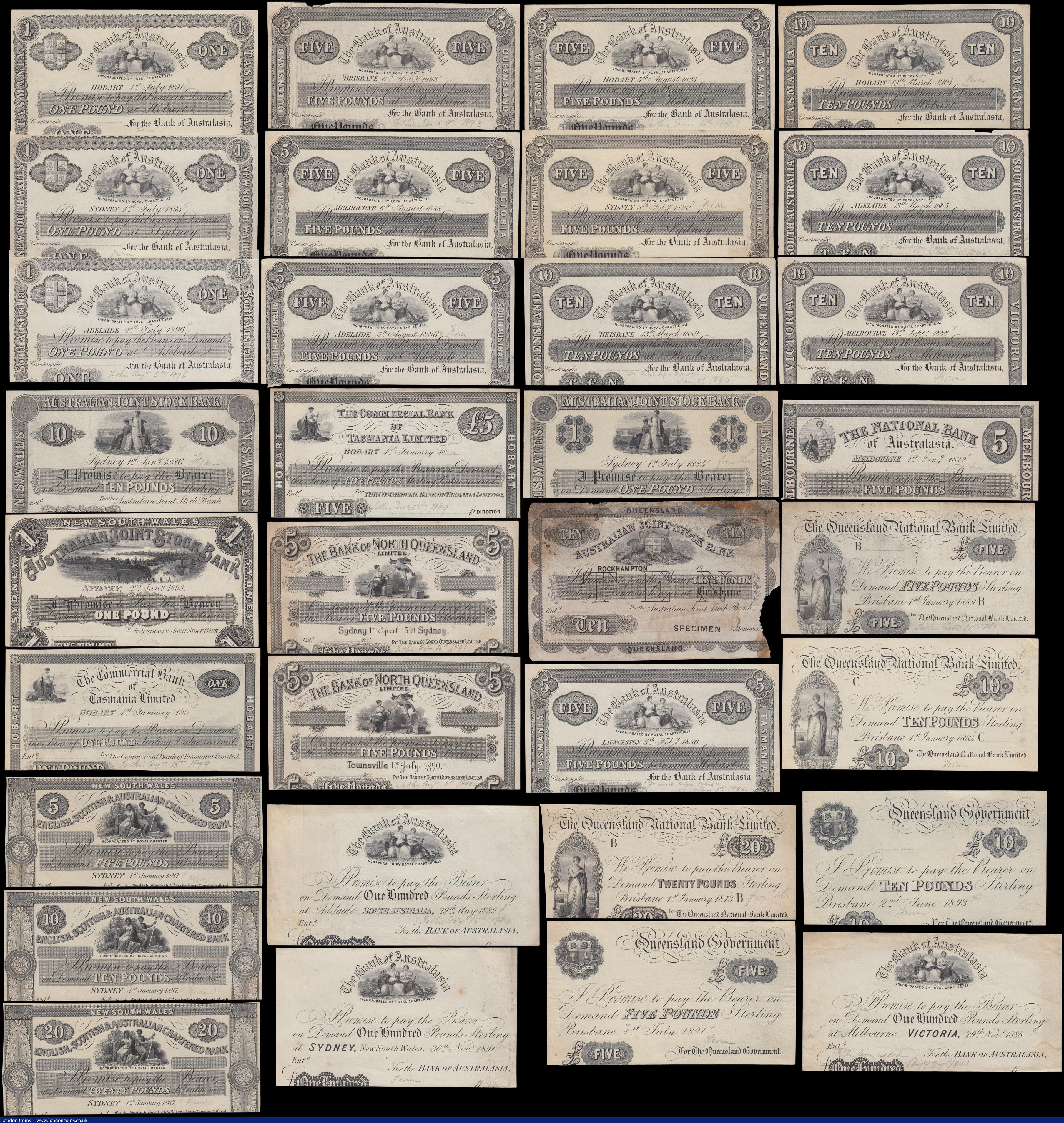 London Coins : A160 : Lot 224 : Australia PROOF & SPECIMEN notes (57), all different and from the 1800's, various offices o...