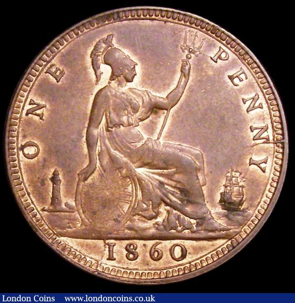 Penny 1860 as Freeman 10 dies 2+D Toothed Border but with N over sideways N in ONE Satin 11 a well-known variety, EF with traces of lustre, the reverse with a small spot : English Coins : Auction 160 : Lot 2399