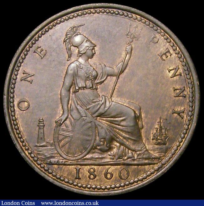 London Coins : A160 : Lot 2401 : Penny 1860 Beaded Border Proof, 9.6 grammes, Thick rim, portrait with large 'bulging' eye,...