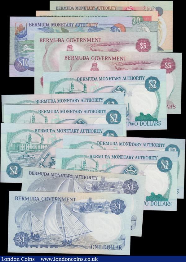 Bermuda (13), 50 Dollars low serial number D/1 000292, 20 Dollars low serial number D/1 001457, 10 Dollars low serial number C/1 000419, all dated 24th May 2000, (Pick52a, Pick53a & Pick54a), 5 Dollars (2) & 1 Dollar dated 6th February 1970 prefix A/2, (Pick24a & Pick23a), 2 Dollars (6) a consecutively numbered run of four notes B/2 872006 - B/2 872009 dated 1st August 1989 plus two others dated 1989 & 1997, (Pick34b & Pick40Ab) and 1 Dollar dated 2nd January 1982 (Pick28b), one of the $5 is about Uncirculated the rest are all Uncirculated : World Banknotes : Auction 160 : Lot 243