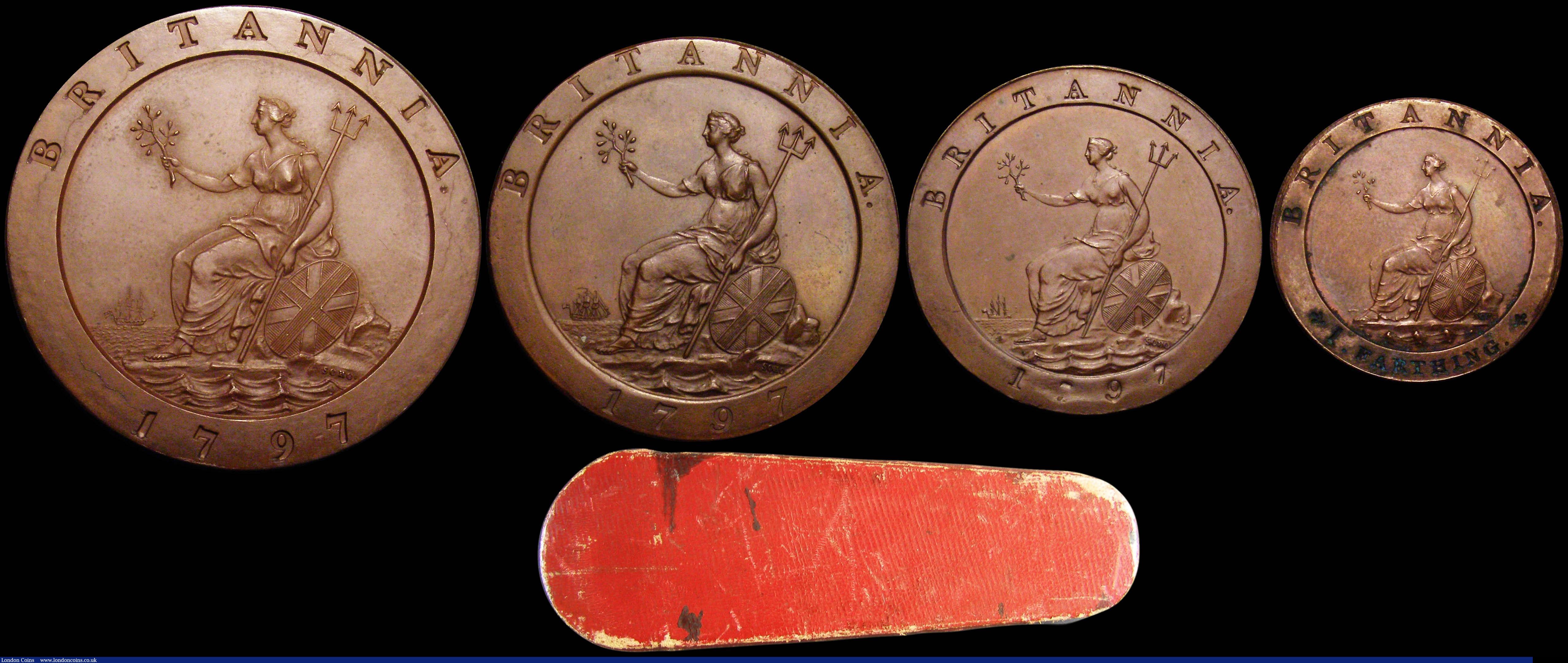 London Coins : A160 : Lot 2903 : Twopence 1797 Proof in Bronzed Copper Peck 1068 KT2, nFDC and nicely toned, Penny 1797 Proof in bron...