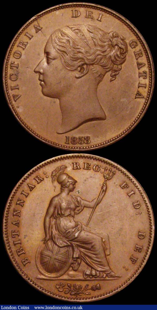 Pennies (2) 1858 Small Date, with W.W. Peck 1517 GEF and nicely toned, 1858 8 over 7 Peck 1516 GEF and nicely toned, the reverse with a small spot in the field : English Coins : Auction 160 : Lot 2981