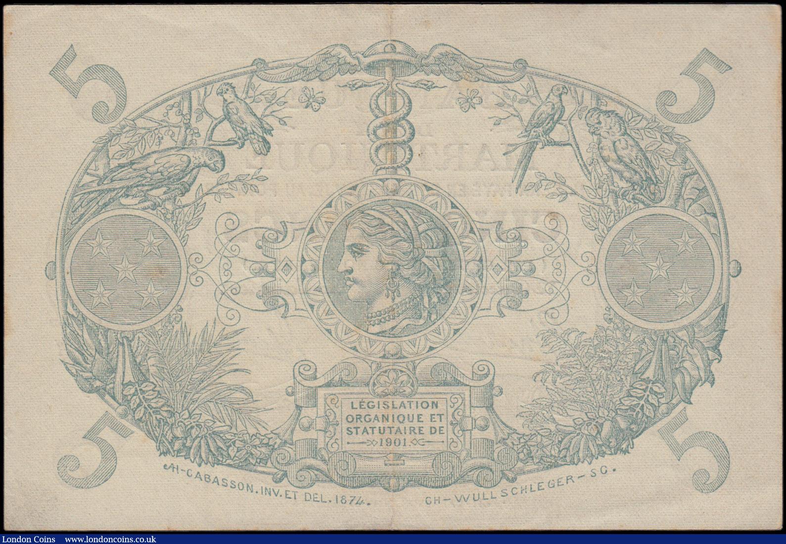 London Coins : A160 : Lot 464 : Martinique 5 Francs Law of 1901 (issued 1934 - 1945) series O.359 434, (Pick6), some light dirt/toni...