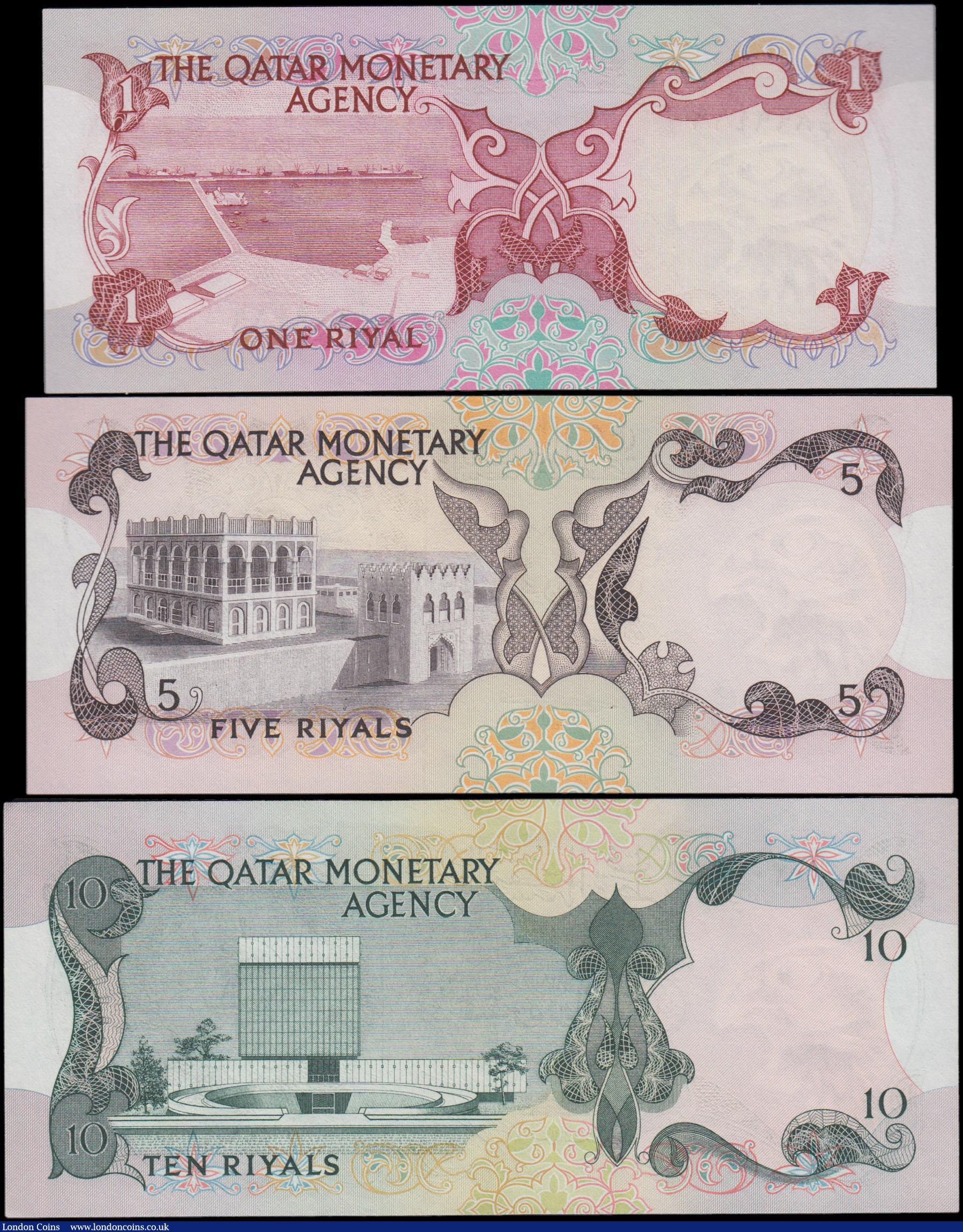 London Coins : A160 : Lot 495 : Qatar Monetary Agency (3) 10 Riyals, 5 Riyals & 1 Riyal first issue 1973, ( Pick1a, Pick2a &...