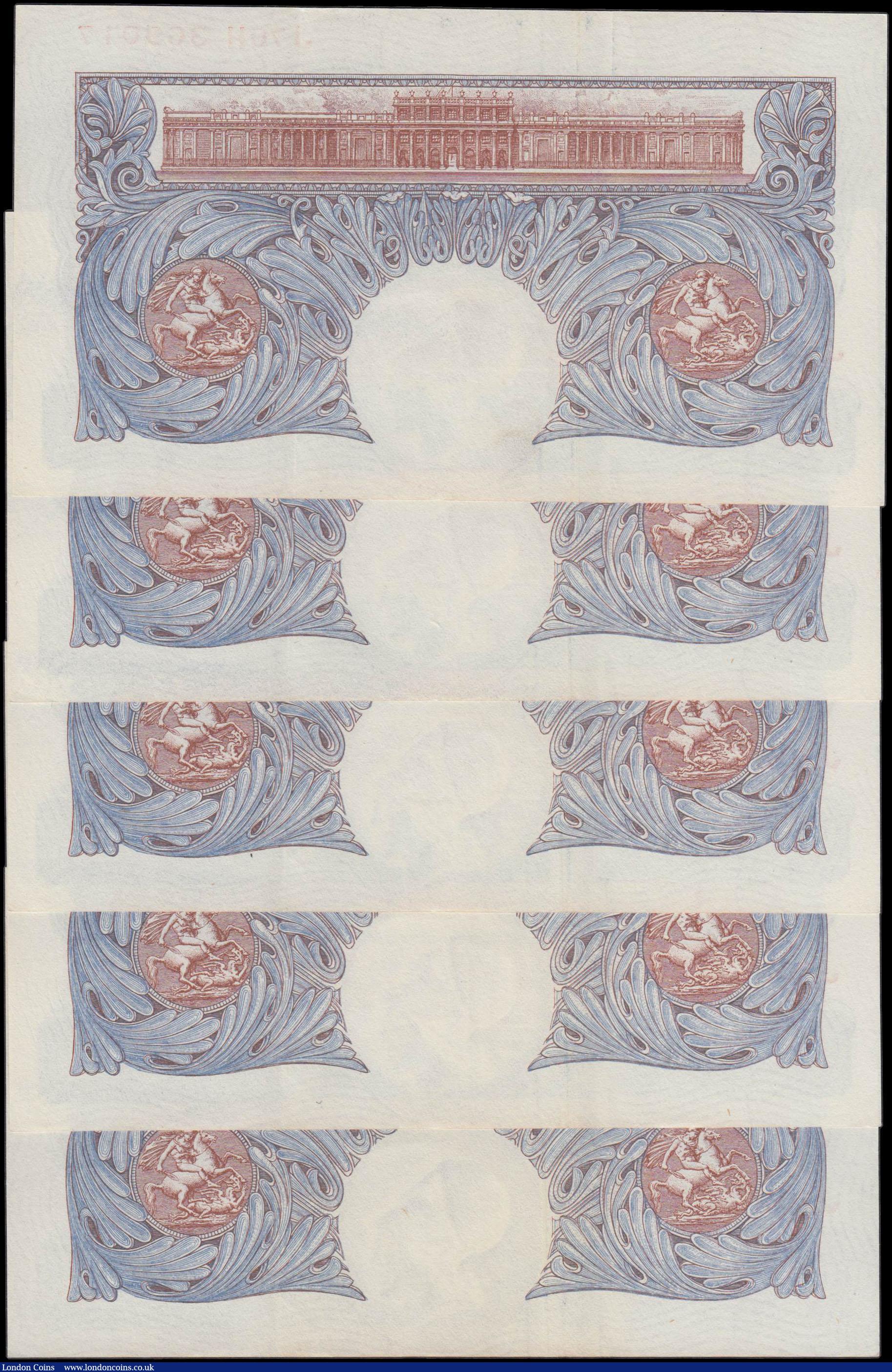 London Coins : A160 : Lot 50 : One Pound Peppiatt (5) B249 blue emergency issue 1940, a consecutively numbered run series J70H 3690...