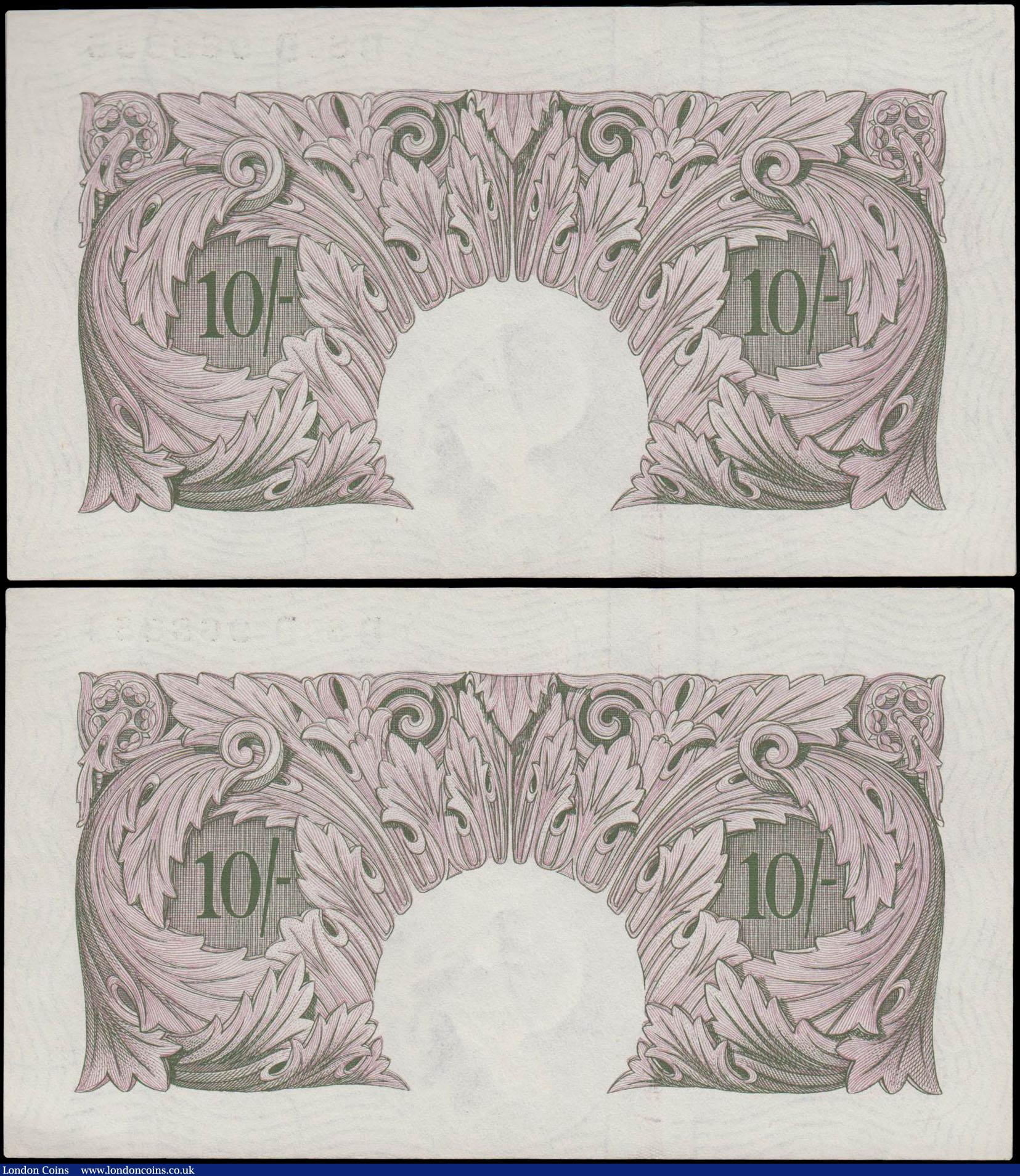 London Coins : A160 : Lot 52 : Ten Shillings Peppiatt B251 (2) mauve emergency issue 1940, a pair of consecutively numbered notes s...