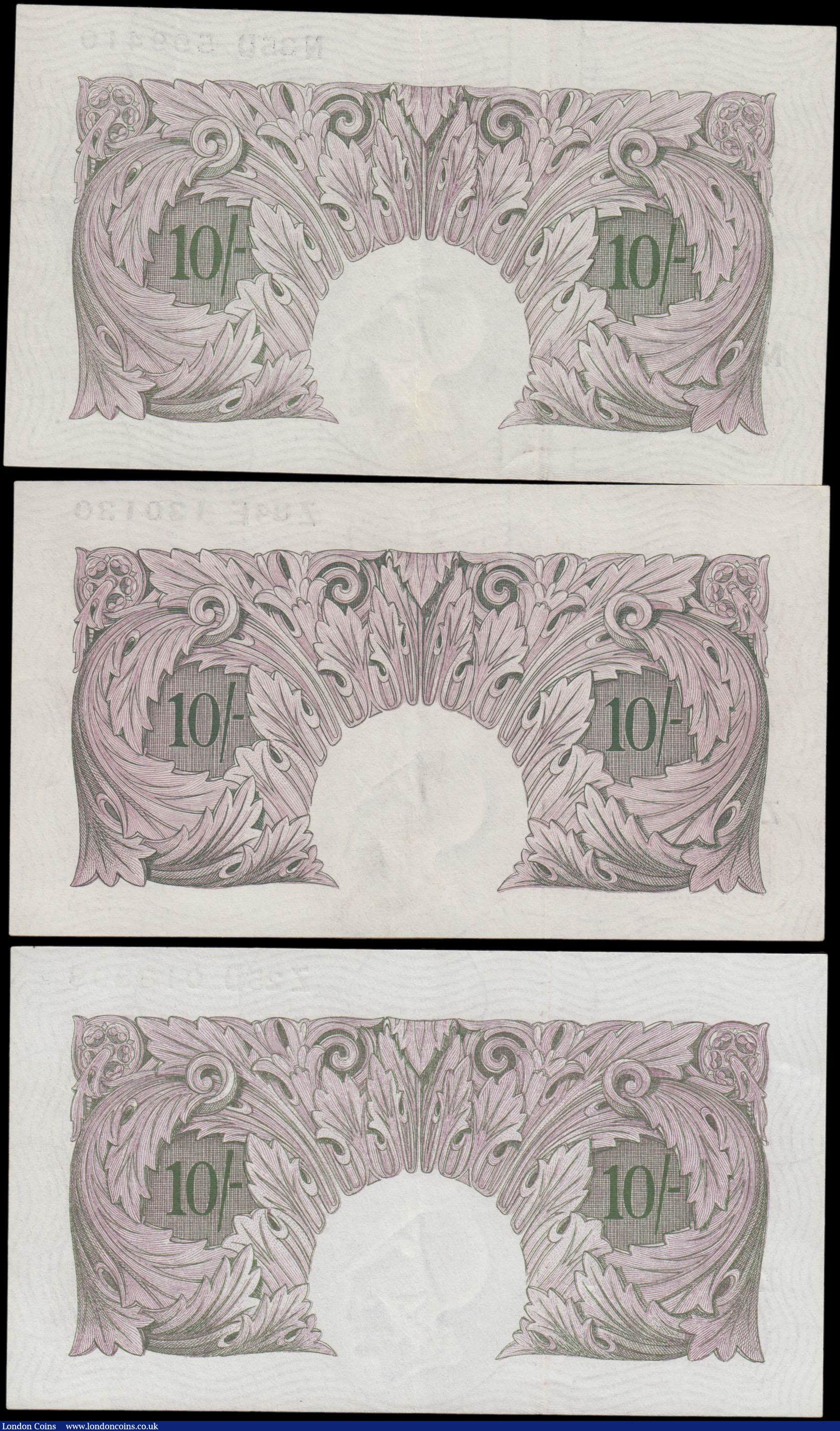 London Coins : A160 : Lot 53 : Ten Shillings Peppiatt B251 (3) mauve emergency issue 1940, series N35D, Z25D and Z84E, wartime issu...