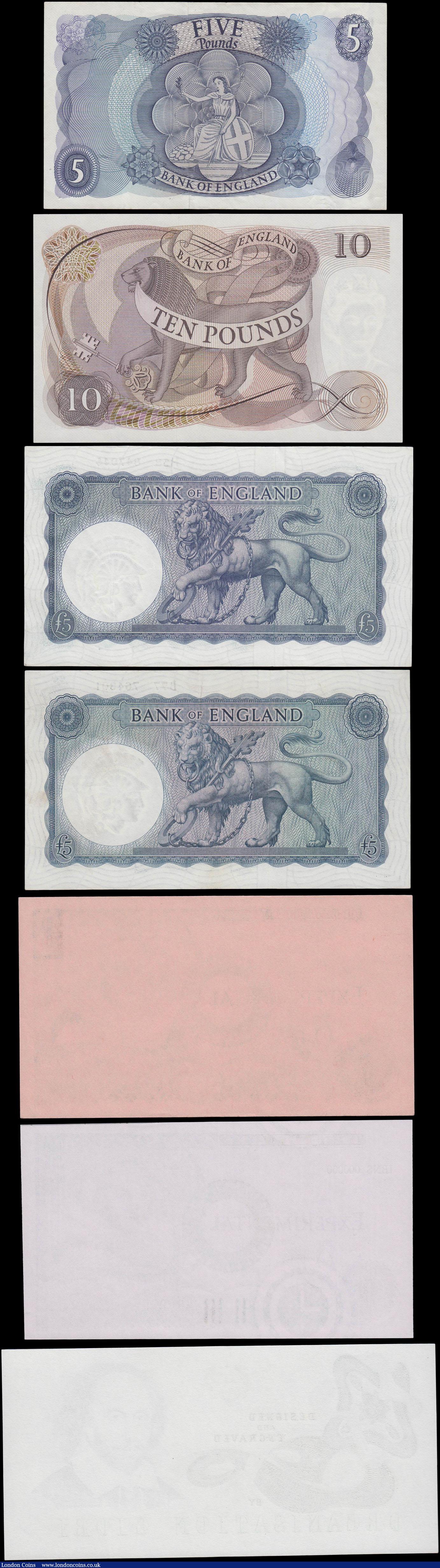 London Coins : A160 : Lot 89 : Bank of England (4), 5 Pounds O'Brien B272 issued 1957 and B280 issued 1961, both good VF, 5 Po...