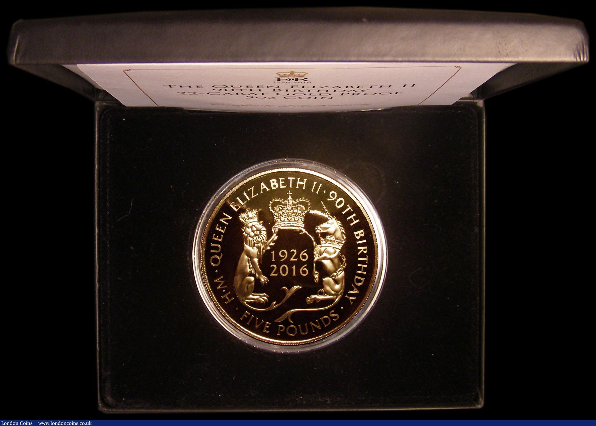 London Coins : A160 : Lot 984 : Tristan da Cunha Five Pounds 2016 5oz. Queen Elizabeth II 90th Birthday Gold Proof FDC in the box of...