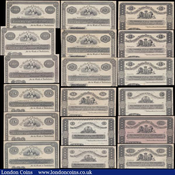 New Zealand PROOF & SPECIMEN notes (36), all different from the 1800's, various offices of issue from various banks: Bank of Australasia, the National Bank of New Zealand Limited and The Union Bank, in 1 Pound, 5 Pounds, 10 Pounds, 20 Pounds & 50 Pounds denominations, most with cut bottom margin and mounting marks on reverse, in leuchtturm lighthouse album and slipcase, a fabulous collection of very scarce notes rarely seen, an opportunity not to be missed : World Banknotes : Auction 160 : Lot 479