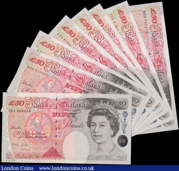 Fifty Pounds Lowther B385 (9) issued 1999, including FIRST RUN (2) J01 000606 & J01 994324, LAST RUN (1) series M35 613065, also Column Sort notes seen including a consecutively numbered run of four notes, (Pick388b), a high grade collection about Uncirculated and Uncirculated : English Banknotes : Auction 161 : Lot 125