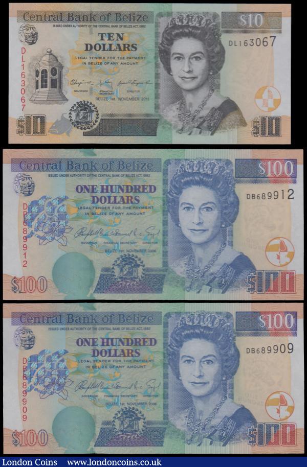 Belize Central Bank (3), 100 Dollars (2) dated 1st November 2006 series DB 689909 & DB 689912, (Pick71b), in PMG holders graded 65EPQ Gem Uncirculated, Exceptional Paper Quality, 10 Dollars dated 1st November 2011 series DL163067, (Pick68d), in PMG holder graded 66EPQ Gem Uncirculated, Exceptional Paper Quality : World Banknotes : Auction 161 : Lot 199
