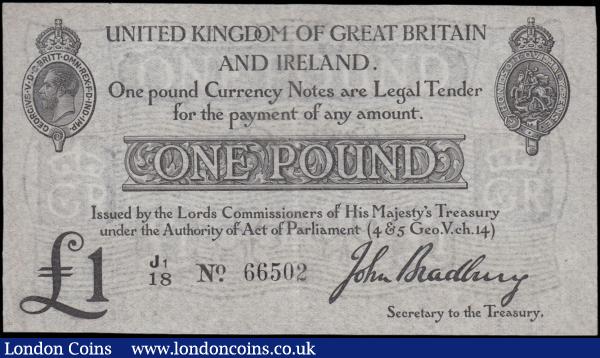 One Pound Bradbury T11.2 issued 1914, series J1/18 66502, King George V at top left, (Pick349a), a few pinholes, trimmed & lightly pressed about EF  : English Banknotes : Auction 161 : Lot 20