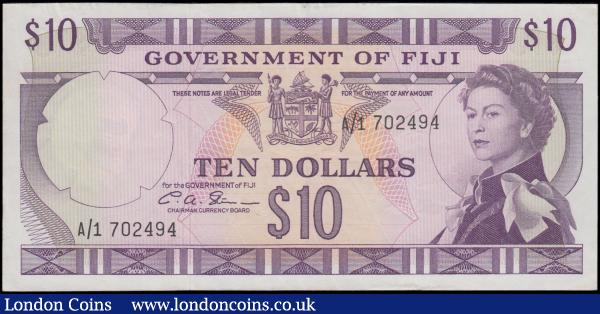 Fiji Government 10 Dollars issued 1971 series A/1 702494, signed C. A. Stinson, portrait Queen Elizabeth II at right, (Pick68b), EF : World Banknotes : Auction 161 : Lot 282