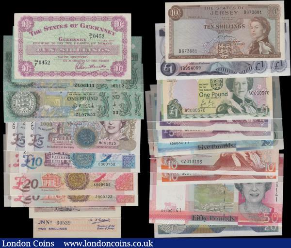 Guernsey & Jersey (33), Guernsey 50 Pounds (1) issued 1994, 20 Pounds (4) issued 1996 including scarce REPLACEMENT series Z003322, very low and very high serial numbers A999955 & D000170, 10 Pounds (1) issued 1995 low serial number E000152, 5 Pounds (2) issued 2000 commemorative Millennium, 1 Pound (5) issued 1991 all REPLACEMENT notes with Z prefix, 10 Shillings (1) dated 1966, the 10/- VF the rest Uncirculated. Jersey 5 , 10 & 20 Pounds issued 1993 & 2000 a set of 3 notes with matching serial numbers 000222, 50 Pounds (1) issued 2010 scarce REPLACEMENT note series DZ000141, 10 Pounds (4) issued 1976, 1989 SPECIMEN note, 1993 & 2000, 5 Pounds (3) issued 1989 one SPECIMEN note and one with low serial number AC000374, one 2010 issue, 1 Pound (4) issued 1976, 1989 & 2010, 10 Shillings issued 1963, all Uncirculated or about, 6 Pence, 1 Shilling & 2 Shillings issued 1941 - 1942, German occupation WW2, all about Uncirculated and scarce in this condition : World Banknotes : Auction 161 : Lot 308