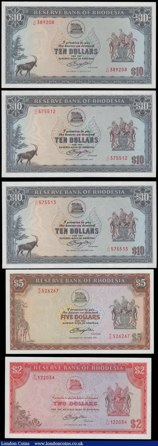 Rhodesia Reserve Bank (5), 10 Dollars (3) dated 1979 & 1976 including a pair of consecutively numbered notes series J/62 575512 & J/62 575513, 5 Dollars dated 1978 and 2 Dollars dated 1979, Uncirculated : World Banknotes : Auction 161 : Lot 412