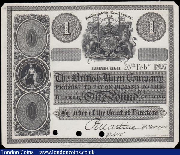 Scotland British Linen Bank 1 Pound PROOF, dated 26th February 1897, black and white uniface PROOF signed P. Martine, printer Perkins Bacon & Co. Ltd., printed on thin card, brown paper residue from previous mounting at corners on reverse, three punch holes at bottom, generally crisp, clean Uncirculated : World Banknotes : Auction 161 : Lot 428