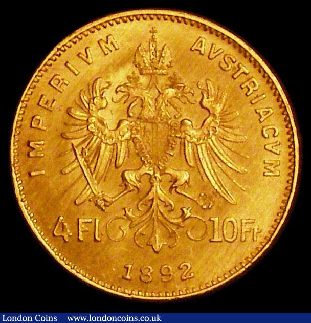 London Coins : A161 : Lot 1093 : Austria 4 Florins - 10 Francs 1892 KM#2260 UNC