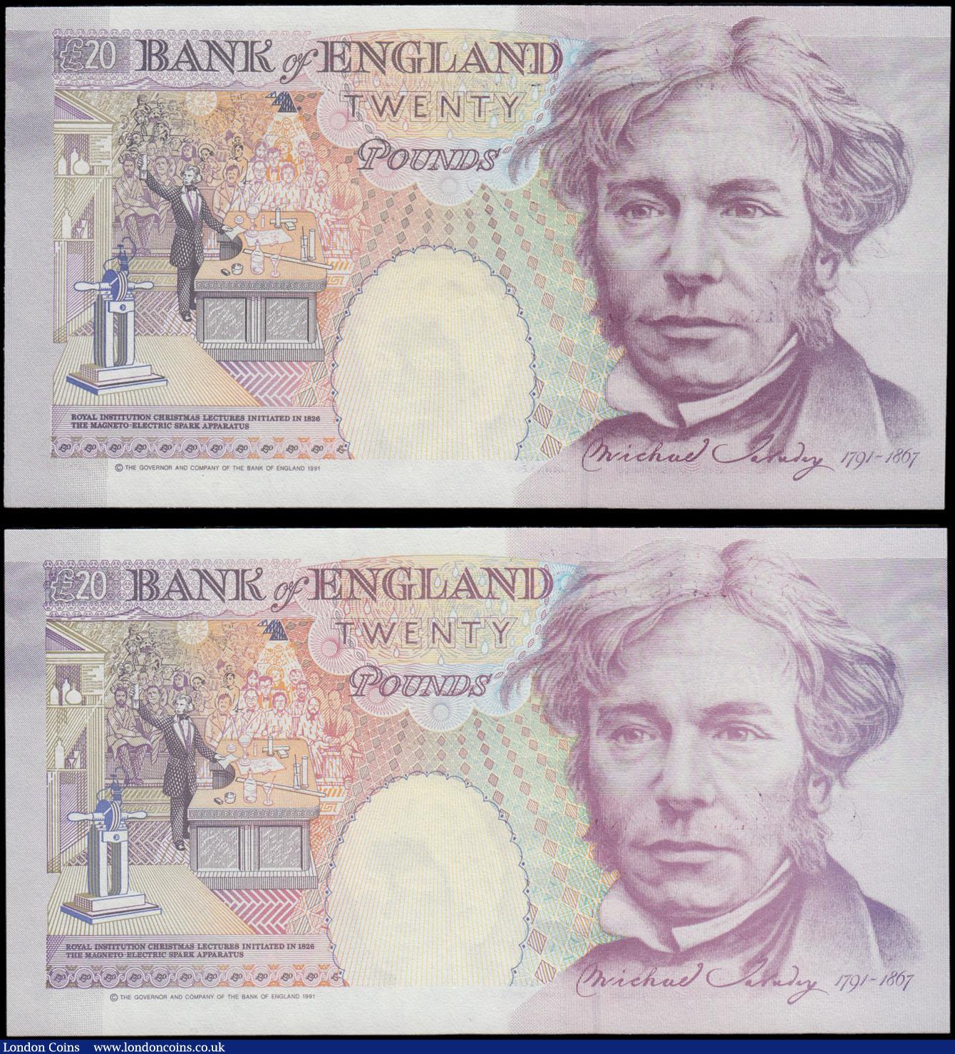 London Coins : A161 : Lot 117 : Twenty Pounds Kentfield B371 (2), scarce FIRST and LAST run notes issued 1991, series E01 001181 fro...