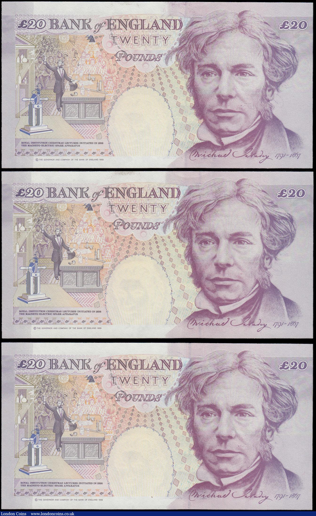London Coins : A161 : Lot 118 : Twenty Pounds Kentfield B374 (3) issued 1993, FIRST RUN notes with low numbers X01 001060, X01 00112...
